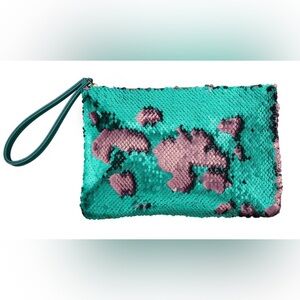 Anna Sui Fantasia Reversible Sequin Clutch Teal Pink Wristlet